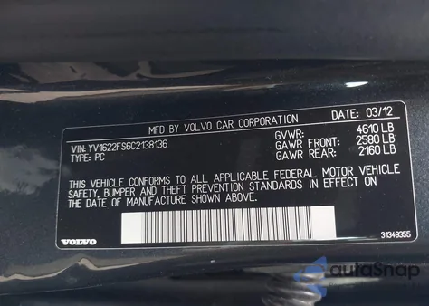 2012 Volvo S60 T5 from USA, damaged, VIN YV1622FS6C2138136